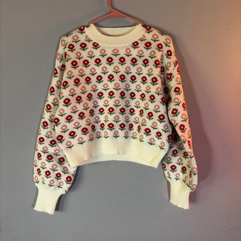 SHEIN Women Floral Cropped Sweater White Red Pink Y2K Knit Pullover Size M